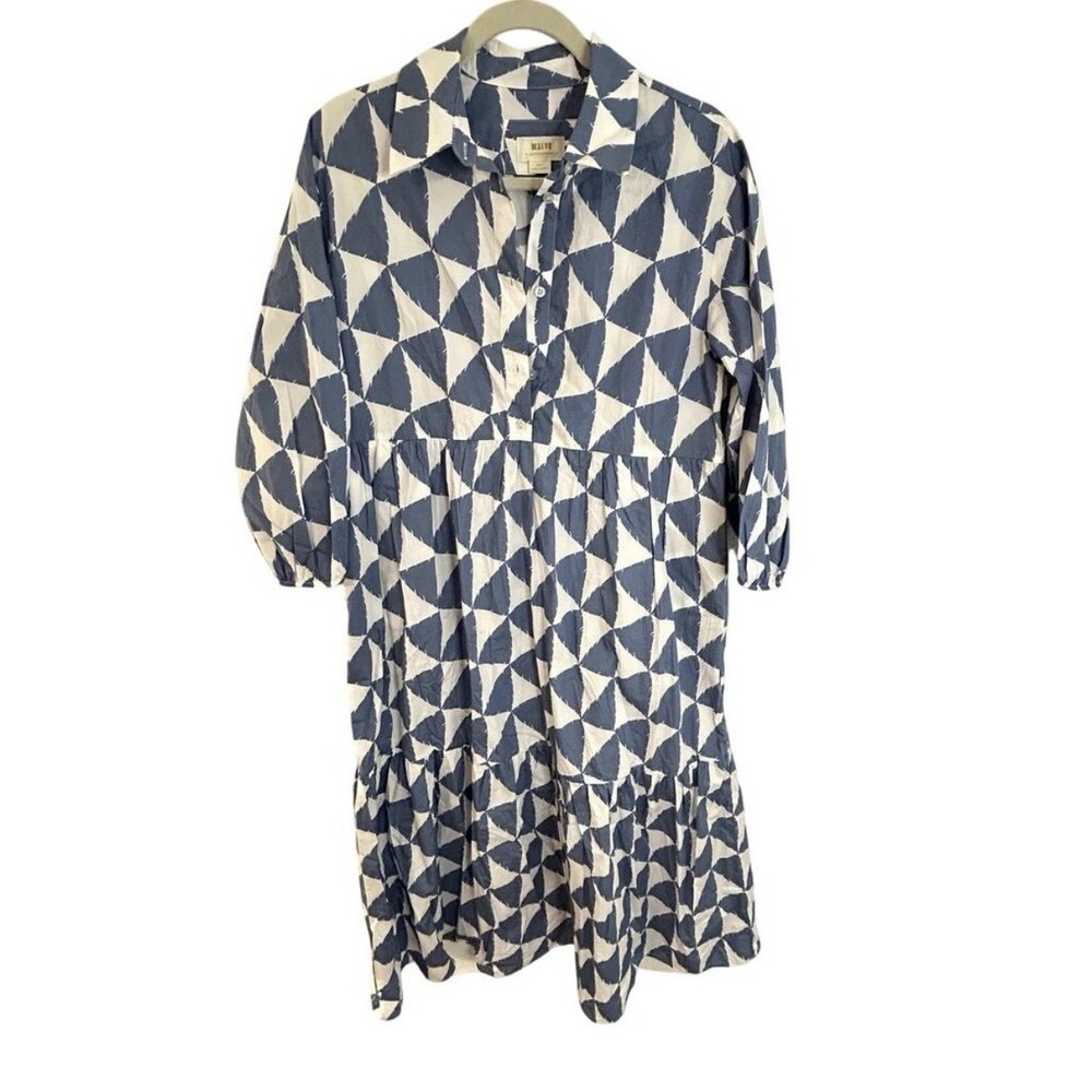 Maeve Anthropologie The Bettina Tiered Shirt Dress Blue White Geometric - Picture 2 of 9